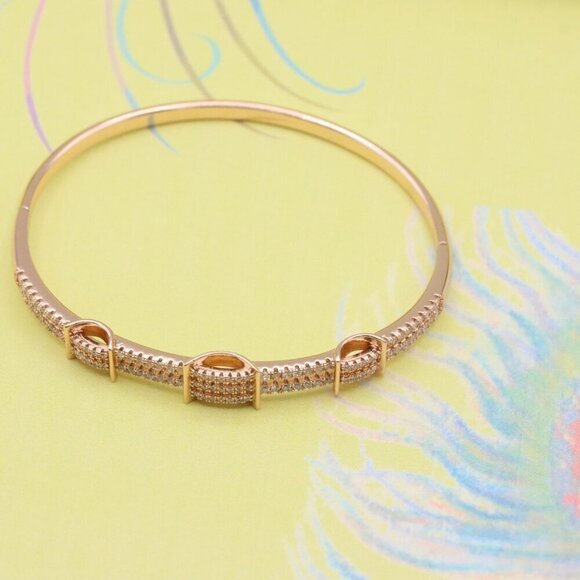 Rose Gold Plated Bangle with Double Row Cubic Zirconia Detailing, XPBL0419 - Picture 3 of 12